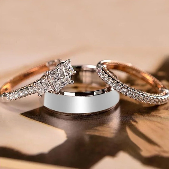💎3Pcs/Set Sweet Three Princess Cut Zircon Square Rings for Women, PD582 - Picture 1 of 7